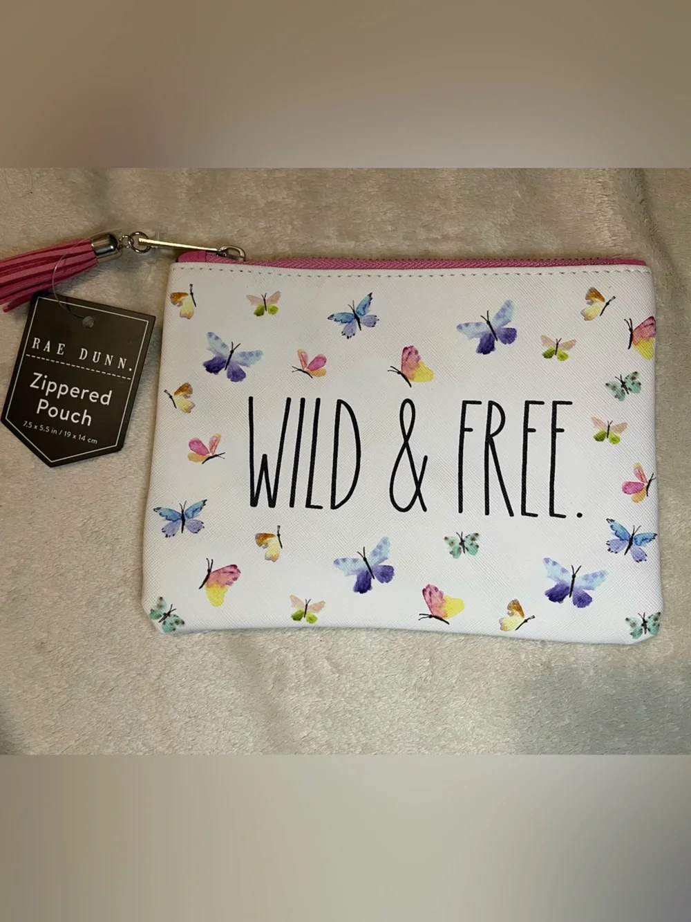 Rae Dunn White Butterfly Zip Pouch with Pink Tassel